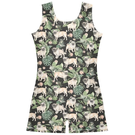 joogoo Pugs Dog Palm Leaves Pattern Girls Leotards Gymnastics Tumbling Outfit Biketard Unitard 9-10Years