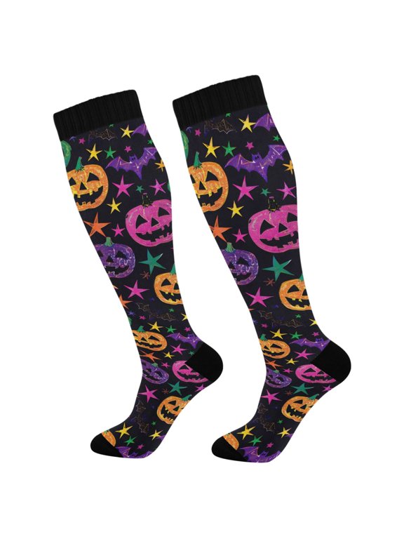 Pumpkins Glitter Stars Bats Socks Women Men Knee High Sock