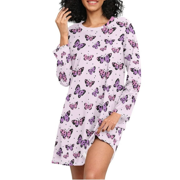 joogoo Purple Butterfly Women's Long Sleeve Nightgown Sleepwear S