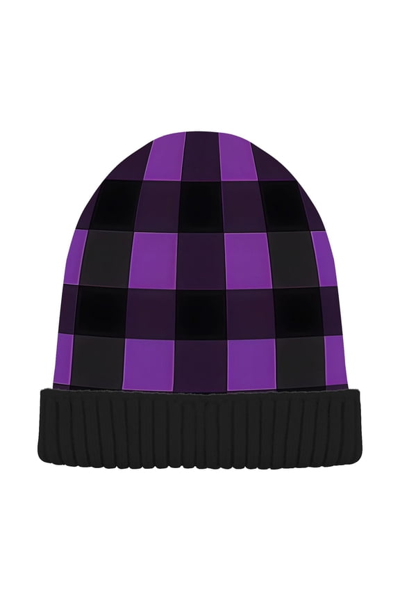 Purple Checkered Grid Pattern Beanie Hats Men Women Cuffed Skull Cap Winter Warm Knit Thick Beanies