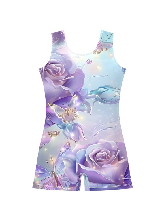 Purple Flower Butterfly Pattern Girls Leotards Gymnastics Tumbling Outfit Biketard Unitard 2-3Years