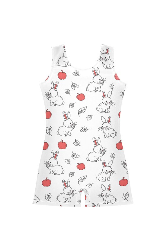 Rabbit and Apple Hand Draw Pattern Girls Leotards Gymnastics Tumbling Outfit Biketard Unitard 7-8Years