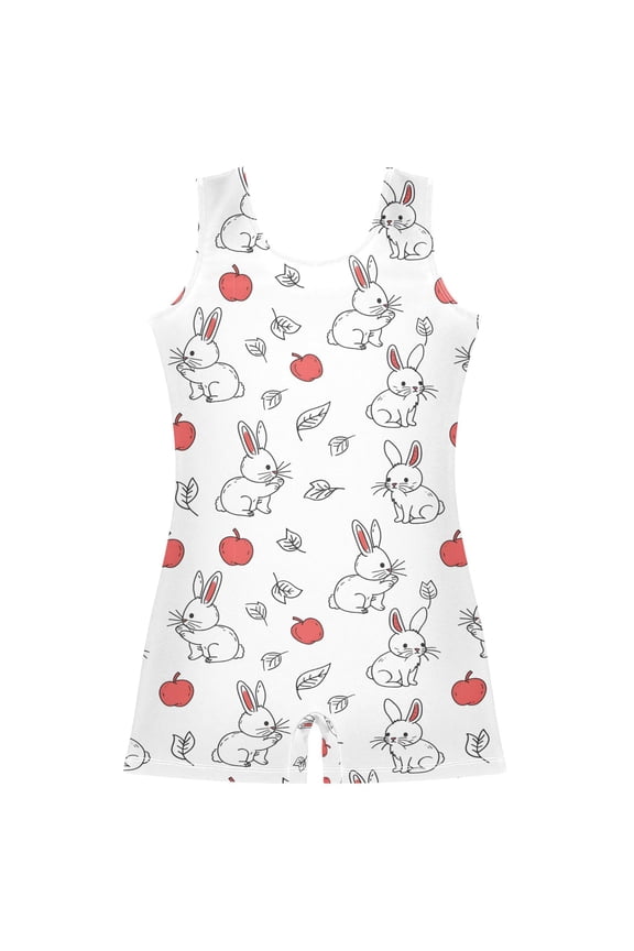 Rabbit and Apple Hand Draw Pattern Girls Leotards Gymnastics Tumbling Outfit Biketard Unitard 9-10Years
