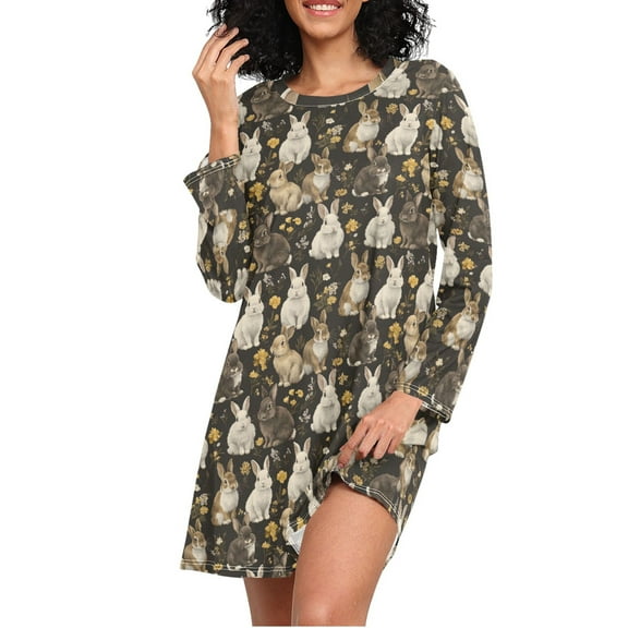 joogoo Rabbit and Flower Women's Long Sleeve Nightgown Sleepwear XXXL