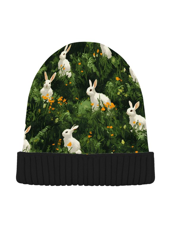 Rabbits in Forest Beanie Hats Cuffed Winter Warm Knit Thick Beanies