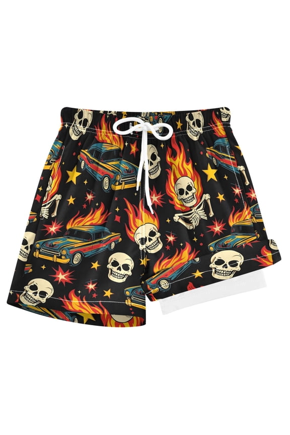 Racing Car Skull Fire Boys Swim Trunks Beach Swimsuit Shorts Boxer 7Y