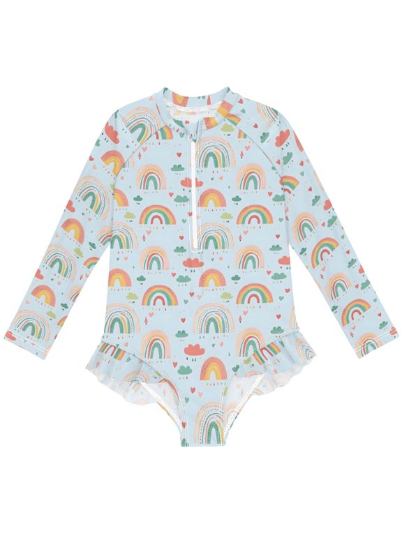 Rainbow Cartoon Cloud Pattern Girls One-Piece Swimsuits UPF 50+ Long Sleeve Rash Guard Bathing Suit 5-6 Years