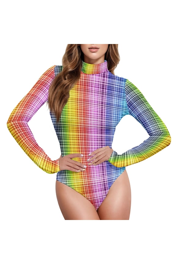Rainbow Checkered Women's Mock Turtle Neck Long Sleeve Bodysuit M