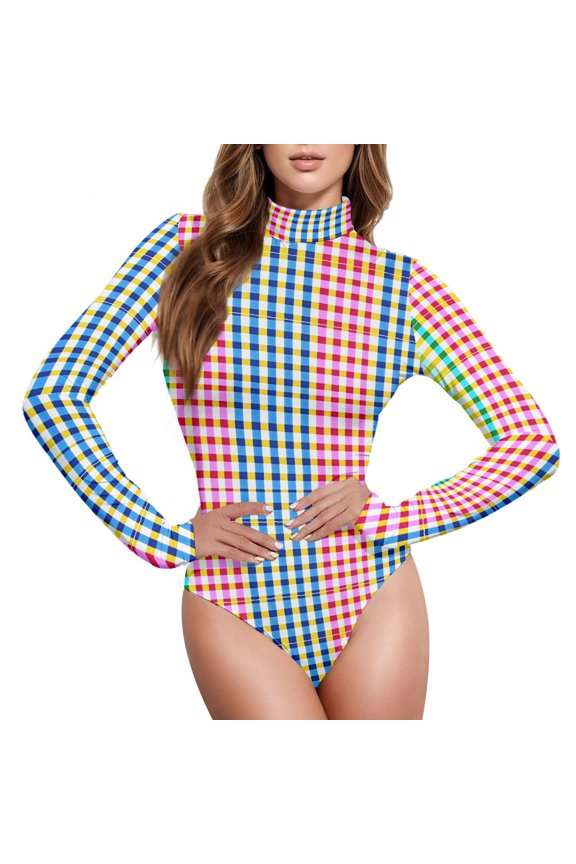 Rainbow Checkered Women's Mock Turtle Neck Long Sleeve Bodysuit M