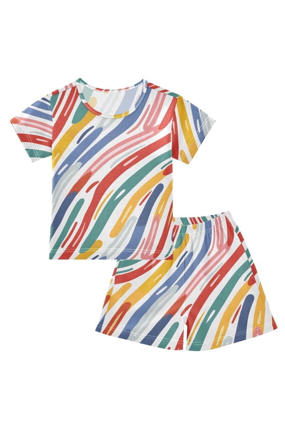 Rainbow Geometric Stripes Lines Pajama Sets Short Sleeve Cotton 2-Piece Sleepwear 10Y