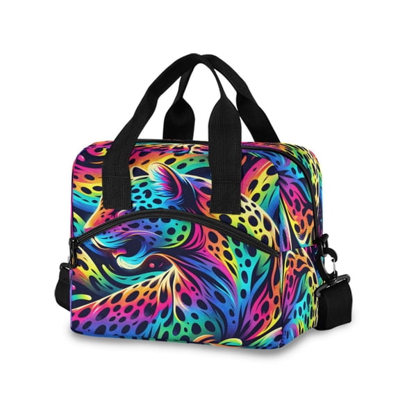 joogoo Rainbow Leopard Insulated Lunch Bags Reusable Cooler Box with Shoulder Strap