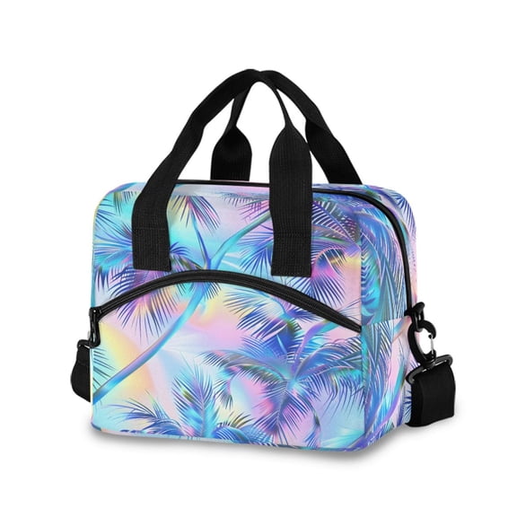 joogoo Rainbow Pattern Plam Trees Insulated Lunch Bags Reusable Cooler Box with Shoulder Strap