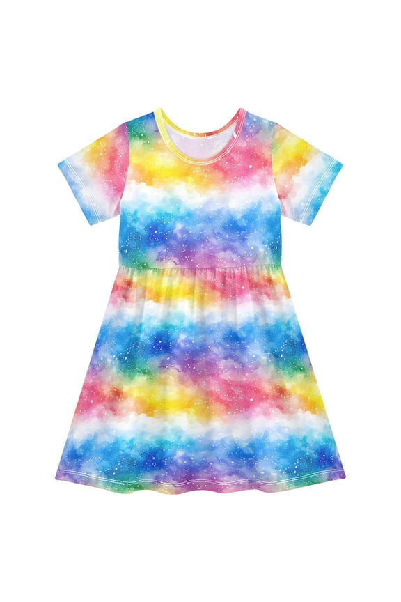 Rainbow Tie Dye Girls' Short Sleeve Dress Kids Dresses 5-6T