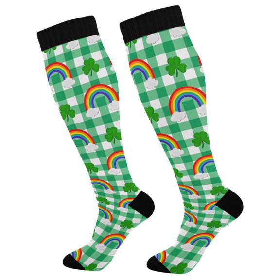 joogoo Rainbow on Checkered Socks Women Men Knee High Sock