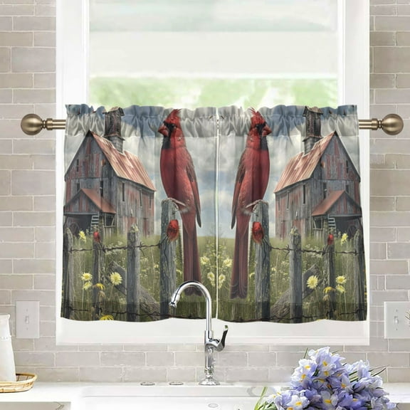 joogoo Red Bird Farm House Curtains Sets Half Window Cafe Farmhouse Tier 2 Panels Short Curtain Rod Pocket 27"W x 36"L