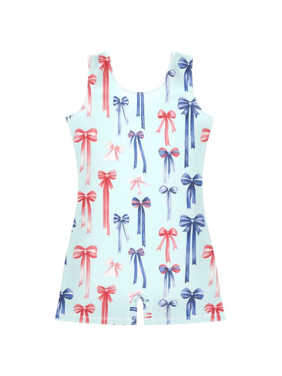Red Bows Blue Pattern Girls Leotards Gymnastics Tumbling Outfit Biketard Unitard 3-4Years