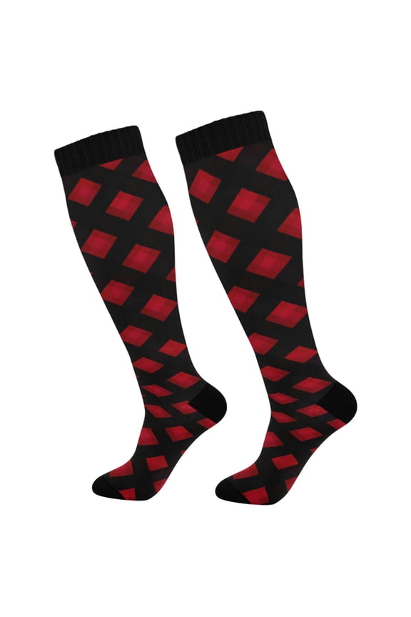 Red Checkered Black Long Socks Women Men Knee High Sock