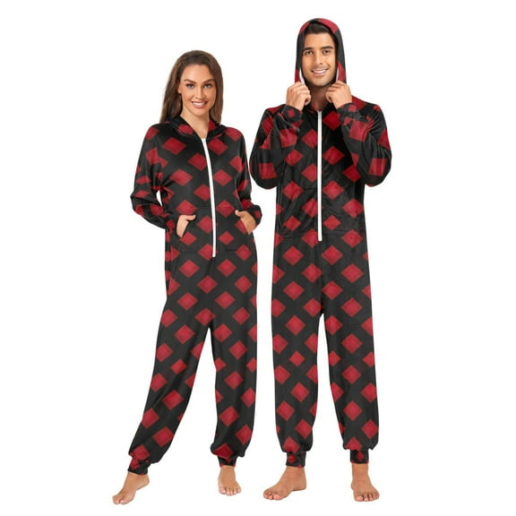 joogoo Red Checkered Black Unisex Adults Onesies Pajamas Jumpsuits L