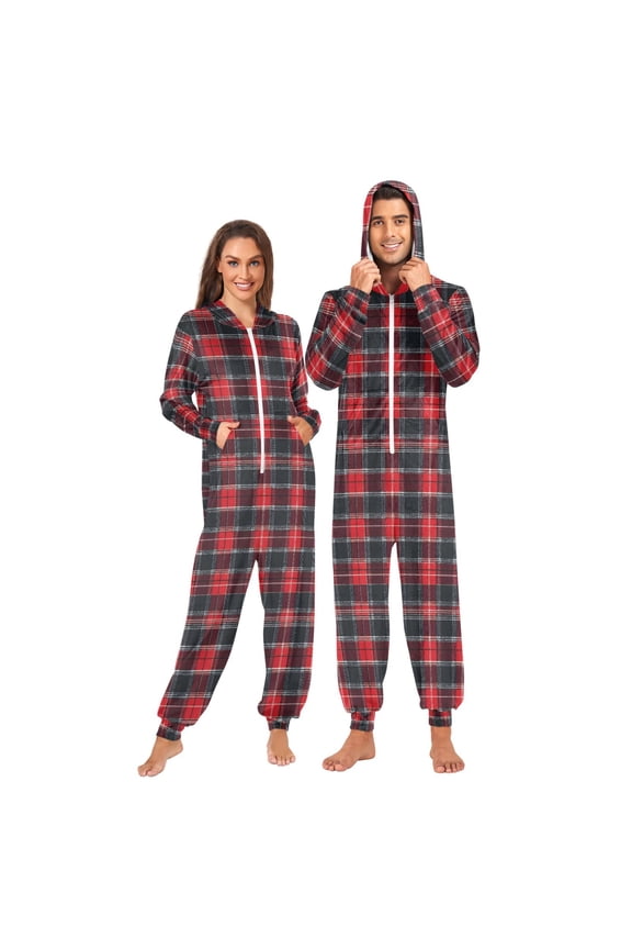 Red Checkered Grid Unisex Adults Onesies Pajamas Jumpsuits L