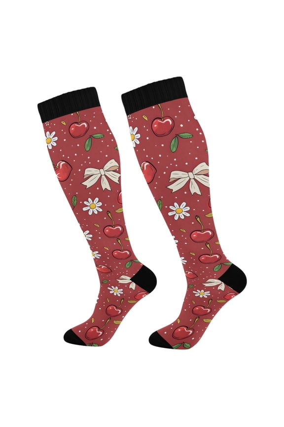 Red Cherry with Daisy Flower Socks Women Men Knee High Sock