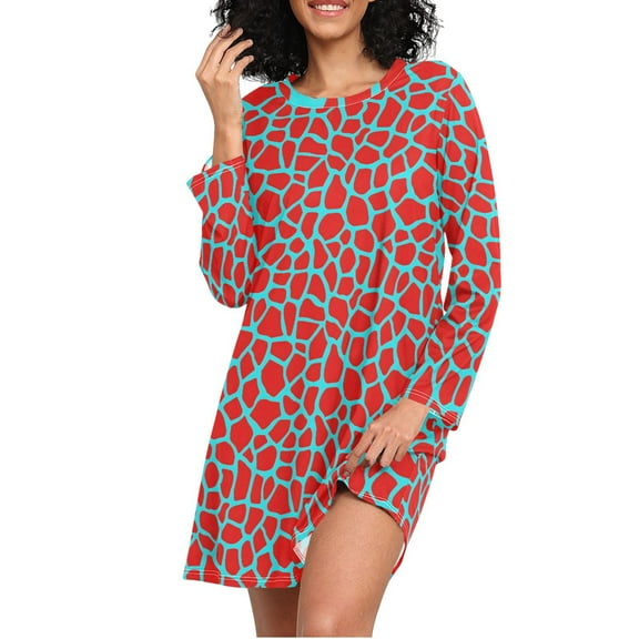 joogoo Red Giraffe Pattern Women's Long Sleeve Nightgown Sleepwear M