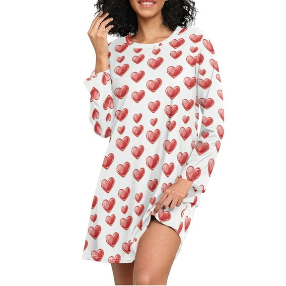 joogoo Red Heart Pattern Women's Long Sleeve Nightgown Sleepwear L