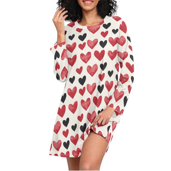 joogoo Red Hearts Pattern Women's Long Sleeve Nightgown Sleepwear L