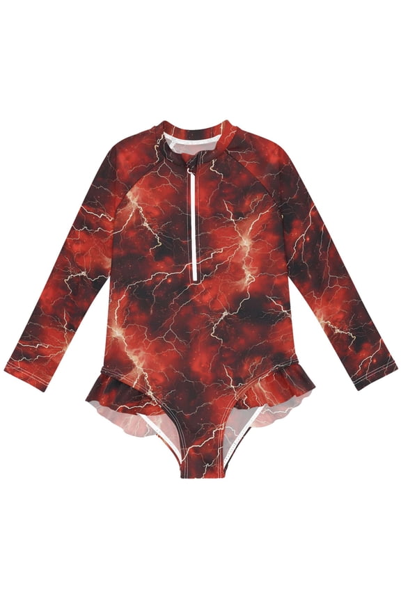 Red Lightning Pattern Girls One-Piece Swimsuits UPF 50+ Long Sleeve Rash Guard Bathing Suit 4 Years