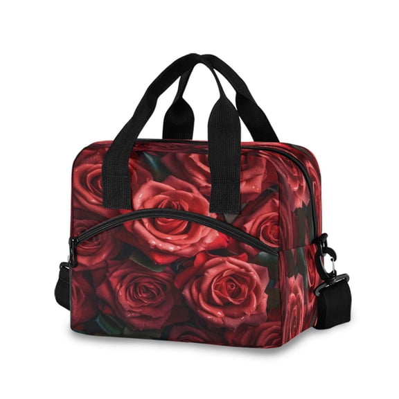 joogoo Red Roses Flowers Insulated Lunch Bags Reusable Cooler Box with Shoulder Strap