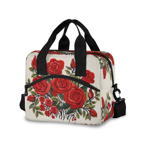 joogoo Red Roses Flowers Insulated Lunch Bags Reusable Cooler Box with Shoulder Strap