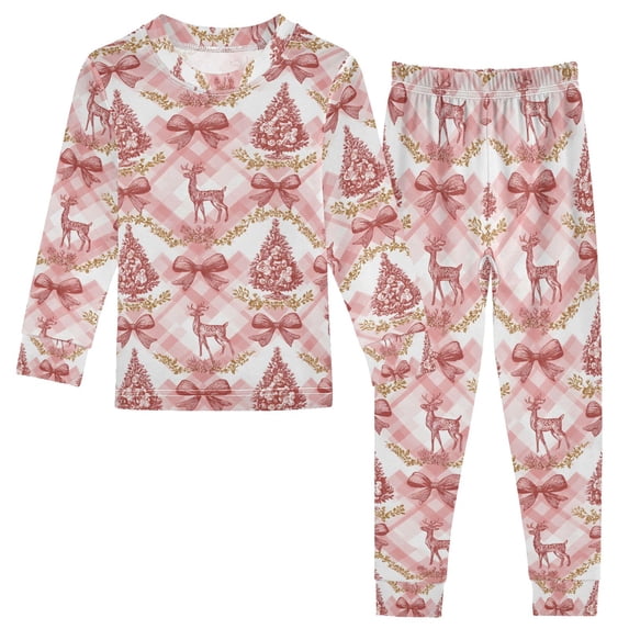 joogoo Reindeer Bow on Checkered Pajamas Set Long Sleeve Soft Cotton Sleepwear 2 Piece 24M