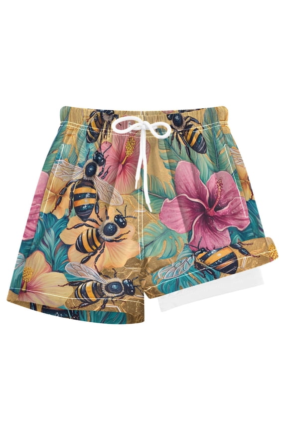 Retro Bee Flower Boys Swim Trunks Beach Swimsuit Shorts Boxer 4T