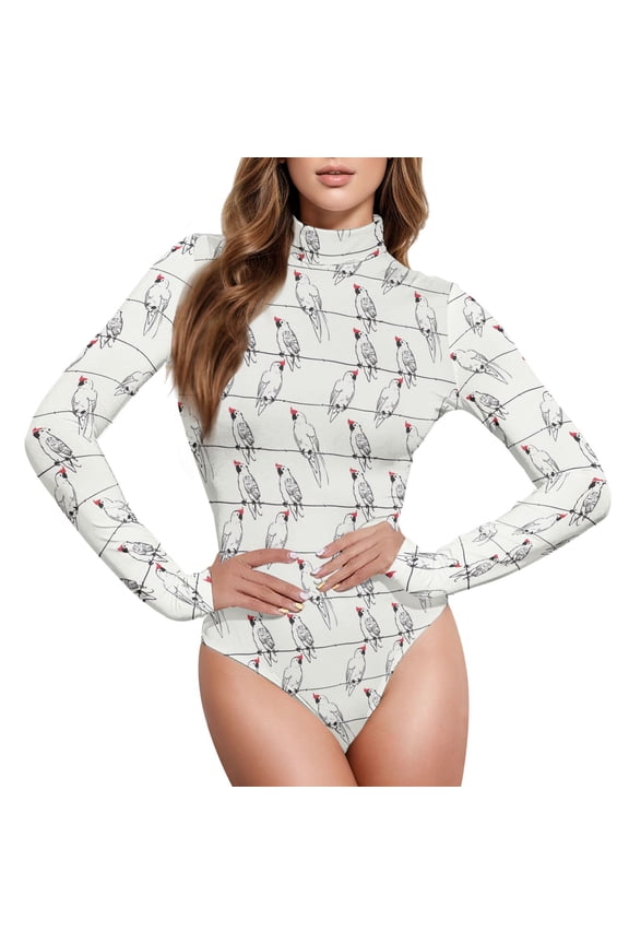 Retro Birds on Line Women's Mock Turtle Neck Long Sleeve Bodysuit XL