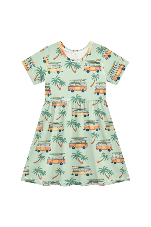 Retro Bus Palm Tree Girls' Short Sleeve Dress Kids Dresses 5-6T