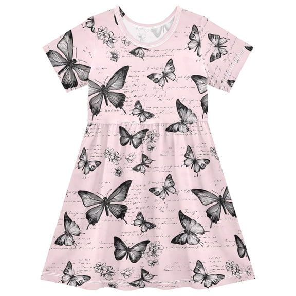 joogoo Retro Butterfly Girls' Short Sleeve Dress Kids Dresses 5-6T