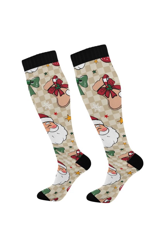 Retro Checkered Santa Claus Socks Women Men Knee High Sock