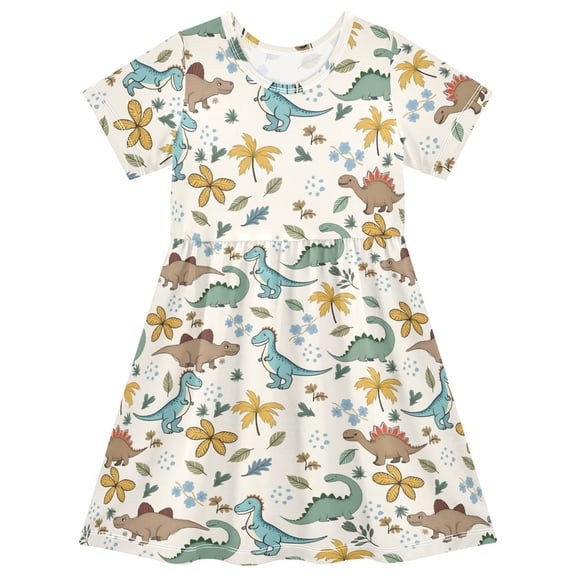 joogoo Retro Cute Dinosaur Girls' Short Sleeve Dress Kids Dresses 5-6T