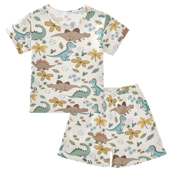 joogoo Retro Cute Dinosaur Pattern Pajama Sets Short Sleeve Cotton 2-Piece Sleepwear 10Y