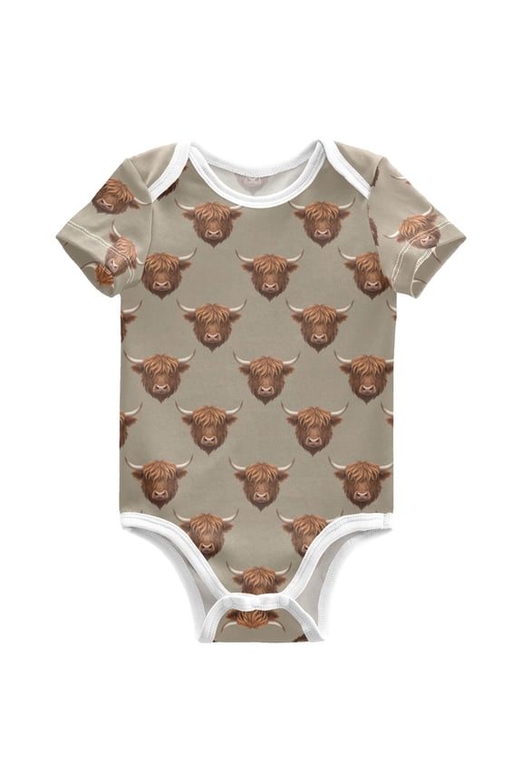 Retro Highland Cattle Pattern Baby Bodysuits Short Sleeve Cotton Onesies Clothes 9Months