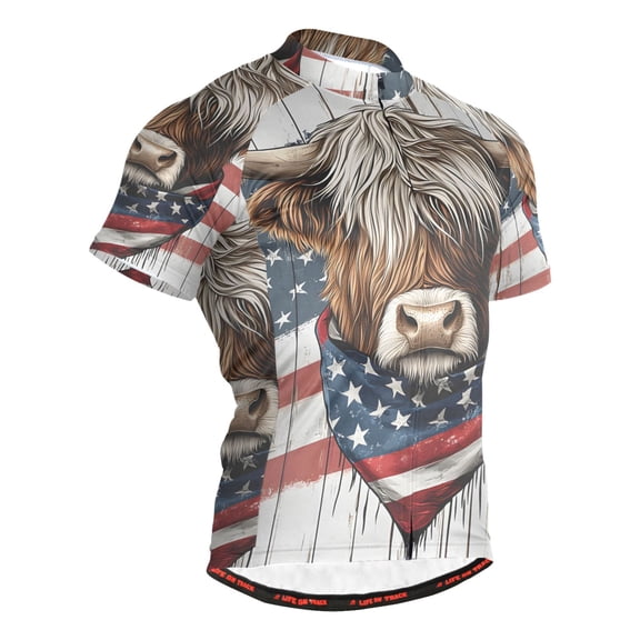 joogoo Retro Highland Cattle Usa Flag Men's Cycling Jerseys Mountain Bike Short Sleeve Tops 2XL