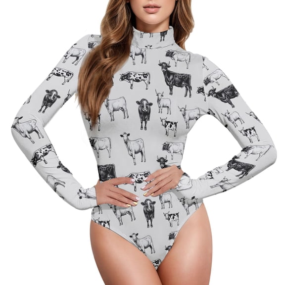 joogoo Retro Highland Cows Women's Mock Turtle Neck Long Sleeve Bodysuit S