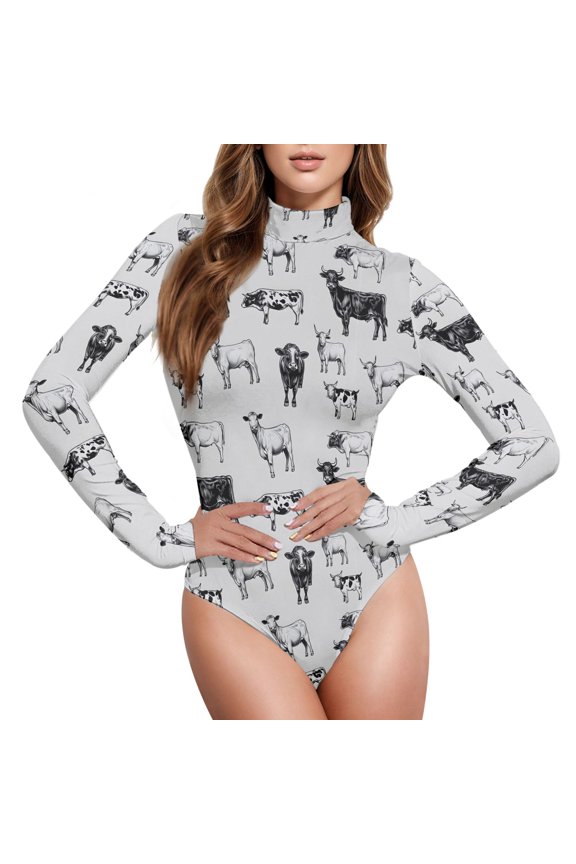 Retro Highland Cows Women's Mock Turtle Neck Long Sleeve Bodysuit S