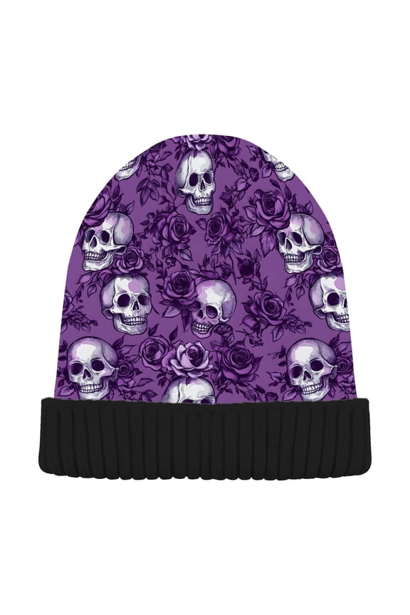 Retro Rose Skull Beanie Hats Cuffed Winter Warm Knit Thick Beanies