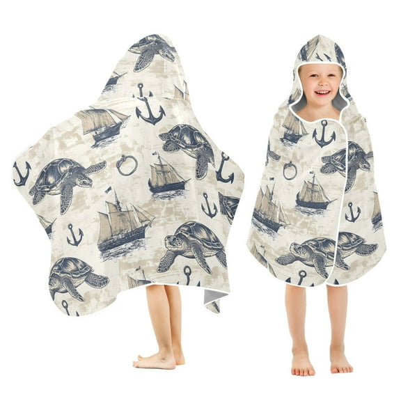 joogoo Retro Sea Turtle Sailboat Kids Hooded Beach Towel Baby Bath Towel 23.5"x50"