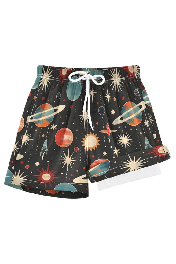 Retro Space Planets Rockets Boys Swim Trunks Beach Swimsuit Shorts Boxer 9-11Y