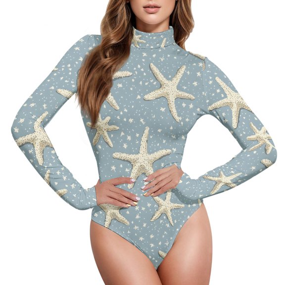 joogoo Retro Starfish Women's Mock Turtle Neck Long Sleeve Bodysuit XL