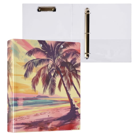 joogoo Retro Sunset Palm Tree on Beach Hardcover 3 Ring Binder 1.5" Round Rings Interior Pockets Binders Organizer 1 Pack