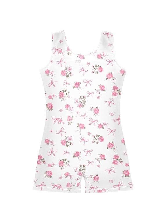 Rose Bow Flower Pattern Girls Leotards Gymnastics Tumbling Outfit Biketard Unitard 3-4Years
