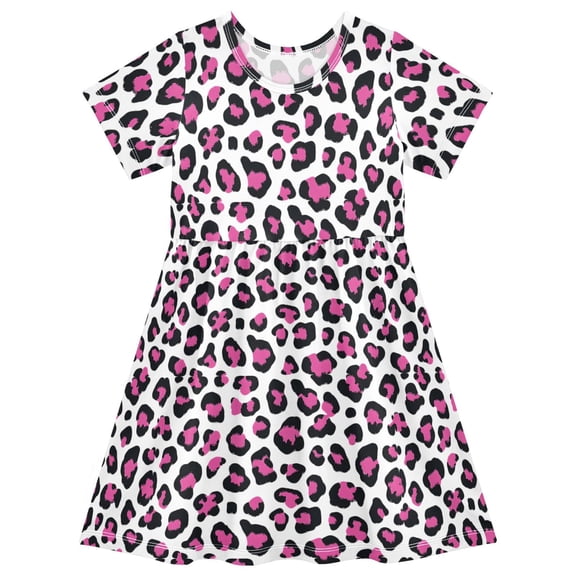 joogoo Rose Red Leopard Girls' Short Sleeve Dress Kids Dresses 5-6T