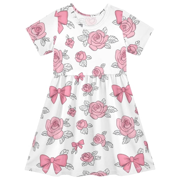 joogoo Roses Bows Girls' Short Sleeve Dress Kids Dresses 5-6T
